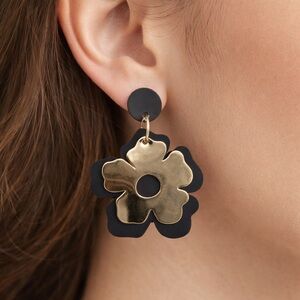 True To Form Black Gold Flower Dangle Earrings Layered Stud Drops
